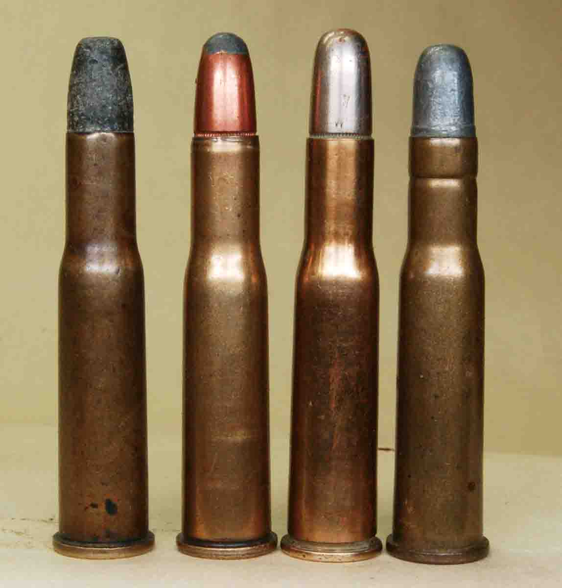 Four of the earliest .303 Savage loads include (left to right): a UMC black-powder 190-grain lead offering, a smokeless Savage 190 softpoint, a Winchester Repeating Arms 190 FMJ and a 100-grain lead gallery load.